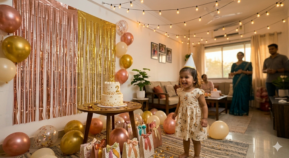 A beautifully decorated birthday party at home India setup with foil curtains, balloon arch, and a birthday cake - Party Propz themed decor for a 2026 kids' party.