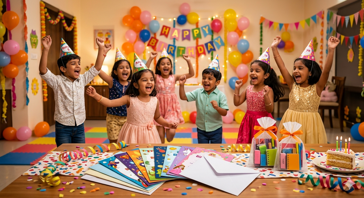 Happy kids playing birthday party games in India with Party Propz personalised invitation cards and goodie bags on foreground table