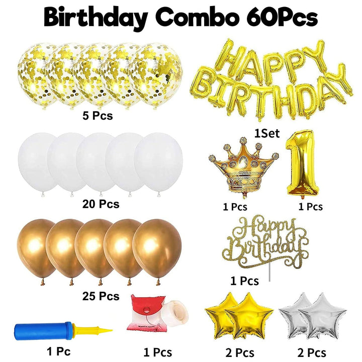 Party Propz 1st Birthday Decoration for Boys - Large 60 Pcs | Golden Balloons for Decoration | Happy Birthday Foil Balloon, Baby Birthday Decoration Items | Crown Balloons, Star Balloon for Decoration