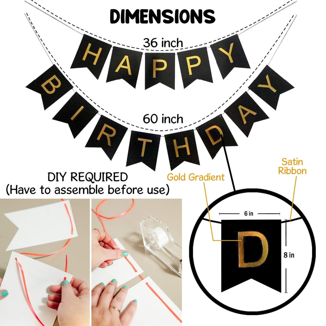Party Propz Happy Birthday Decoration Items - Black Happy Birthday Backdrop Decorations | Happy Birthday Decoration Kit | Black Happy Birthday Banner with LED Lights (Cardstock)