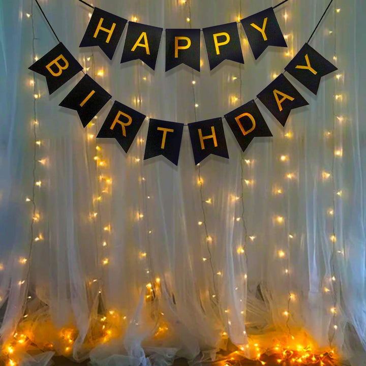 Party Propz Happy Birthday Decoration Items - Black Happy Birthday Backdrop Decorations | Happy Birthday Decoration Kit | Black Happy Birthday Banner with LED Lights (Cardstock)