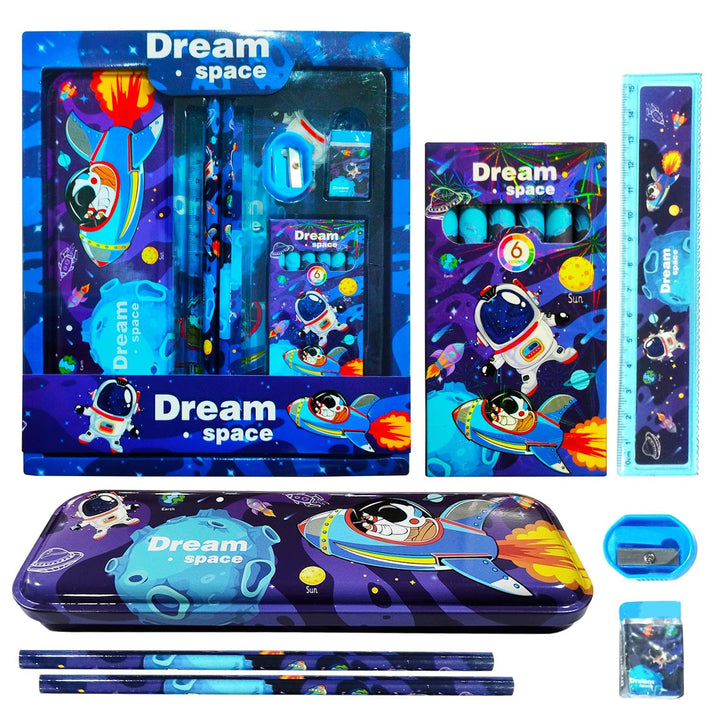 Party Propz Space Pencil Box for Boys - 7 Pcs Stationary Set for Kids | Pencil Box Set | Return Gift for Boys | Pencil Eraser Sharpener Combo Pack | Astronaut Pencil Box | Stationary Set Return Gifts