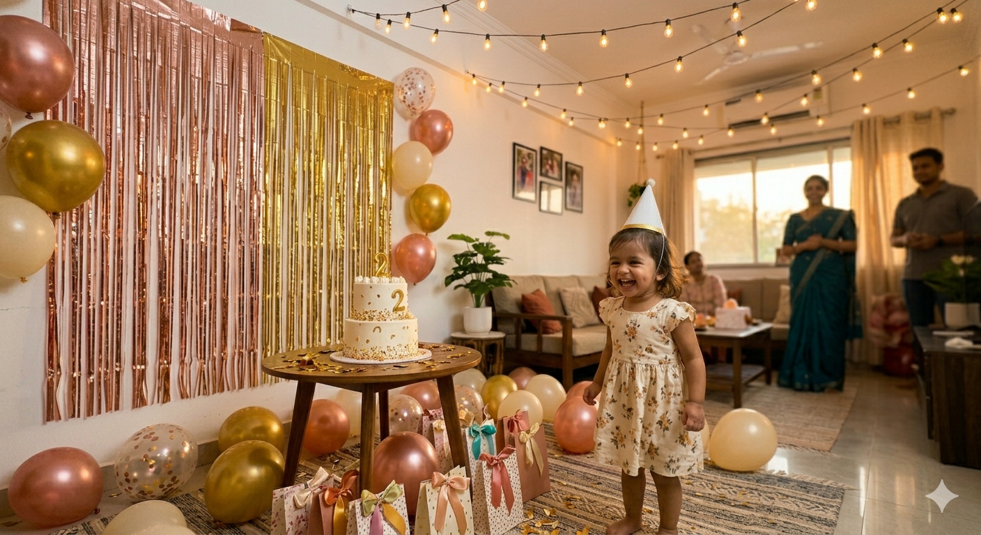 A beautifully decorated birthday party at home India setup with foil curtains, balloon arch, and a birthday cake - Party Propz themed decor for a 2026 kids' party.
