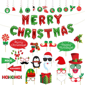 Merry Christmas Party Decoration - 30Pcs Party Decoration Items with Swirls, Merry Christmas Foil Balloons & Photobooth Props (Cardstock)