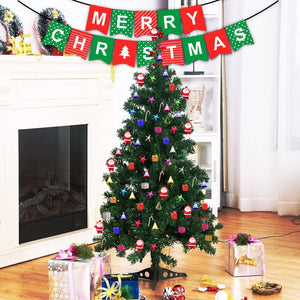 Christmas Decorations Items - 54Pcs Christmas Decorations Items for Tree with Merry Christmas Banner (Cardstock), 24" Christmas Tree, Christmas Ornaments (Stars, Bells)