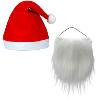 Santa Hat and Beard - 2 Pcs Set of Santa Fake Beard & Red Cap Short Plush with White Cuffs for Kids, Christmas Costume