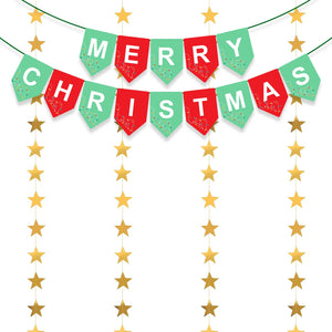 Merry Christmas Banner - 2 Pcs Christmas Decorations Wall with Merry Christmas Banner & 60" Star Garland