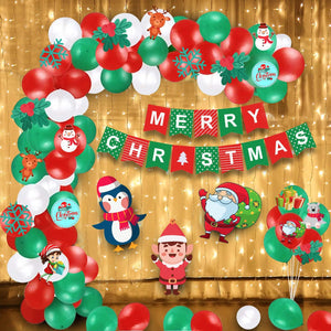Christmas Decoration Set - 56Pcs Christmas Decoration Set With Balloons, Merry Christmas Banner, LED String Light & Cutouts