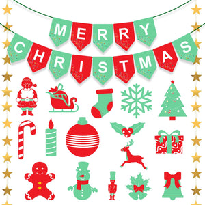 Merry Christmas Decoration Kit- 18 Pcs Christmas decorations for Wall with Star Garland, Merry Christmas Banner & Cutouts (Cardstock)