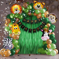 Jungle Theme Birthday Decoration Kit – 66 Pcs | Safari Balloons, Foil Curtains & Banner Set
