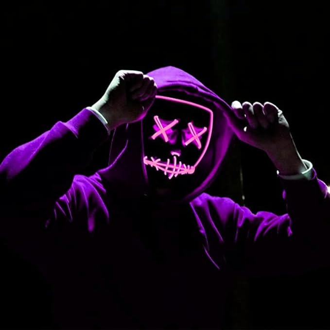 Party Propz Led Light up Ghost Mask - Joker Mask for Men | Radium Mask for Men | Call of Duty Ghost Mask | Neon Light Hacker Mask | Money Heist Full Face Mask | Red Criminal Mask | Masquerade Mask for Men (Pink)