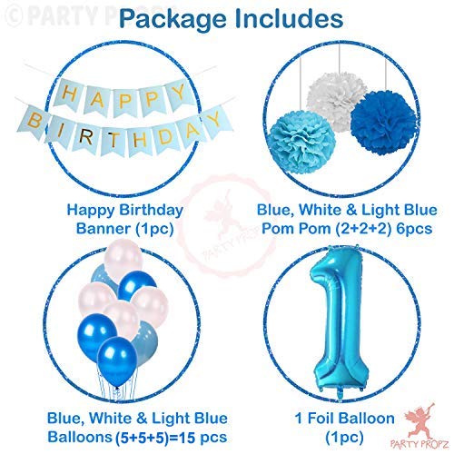 Party Propz Birthday Decoration kit for 1st birthday Boys-23Pcs/ Bday Supplies Items With Blue Banner (cardstock), Pom pom, Baloons, Foil Baloons/Newborn Gifts Set/ 1st Birth day Props For Kids, Baby