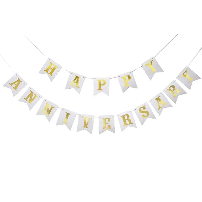 Party Propz 1Pc Happy Anniversary Gold Foil Paper Pennant Hanging Banner (cardstock) | Happy Anniversary White Pre-Strung Decoration Banner