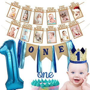Party Propz 1st Birthday Boy Decorations Set-5Pcs With Baby First Bday Banner (cardstock) ,1-12 Month Banner,Boys Crown,Cake Topper and Blue Number One Foil Balloon, Celebration Kids Happy Bithday