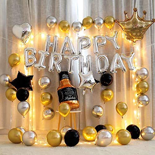 Party Propz Happy Birthday Balloons Decoration Kit - 42Pcs Set for Boys Husband Balloons Decorations Items Combo with Cheers Foil Balloon Crown Foil, Age Perfect, Metallic Balloons With Fairy Light