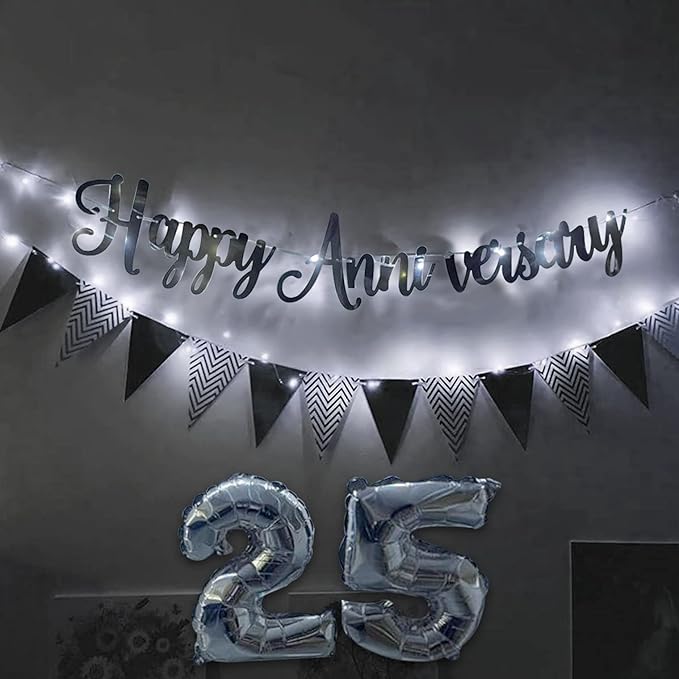 Party Propz Happy Anniversary Decoration Items With Lights Kit Combo For Home Or Bedroom - Silver Anniversary Banner (cardstock), Pennant Banner (cardstock), Foil Balloon & Led Light