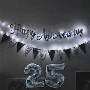 Party Propz Happy Anniversary Decoration Items With Lights Kit Combo For Home Or Bedroom - Silver Anniversary Banner (cardstock), Pennant Banner (cardstock), Foil Balloon & Led Light
