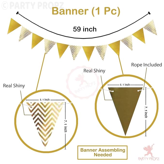 Party Propz 1pc Golden Paper Pennant Triangle Banner for Birthday, Marriage, Baby Shower Decoration.