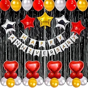 Party Propz Happy Anniversary Decoration Kit with Bunting; Metallic Balloons;Foil Curtain Foil Balloon 42Pcs Combo Set for 1st; 5Th;25th Party Decoration Combo Set/Couple Wedding; Marriage Celebration