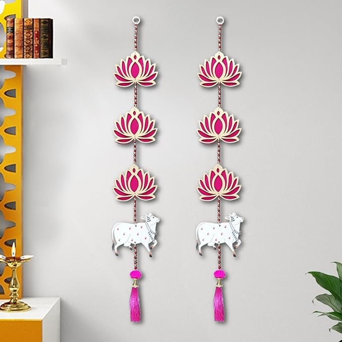 Party Propz Handmade Lotus with Pichwai Cow Wall and Door Hanging - 2 Pcs MDF Floral Wall Hangings for Home Decoration | Mandir Decorations Items | Rajasthani Main Door Entrance