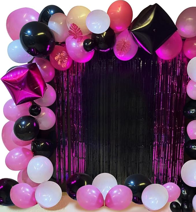 Party Propz Pink Black Balloons Decoration Kit- 54Pcs With Fringe Foil Curtain, 4D Foil Balloon, Pink Leaves, Metallic Balloon,Glue Dot, Arc For Baloon Garland Kit/Girls Birthday/Bride To Be Balloon