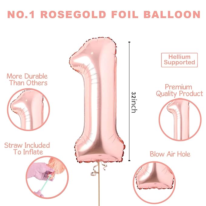 Party Propz 1 Number Foil Balloon - 32 Inch, Number 1 for Birthday Decoration/Rose gold Number 1 Foil Balloon for Kids First Birthday Decoration Items, Anniversary Decoration