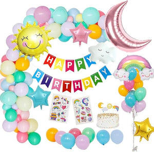 Party Propz Multicolor Rainbow Theme Happy Birthday Decorations Combo - 55 Pcs Set Boys Birthday Items,Happy Birthday Banner (Cardstock)|Rainbow Cloud Foil Balloon