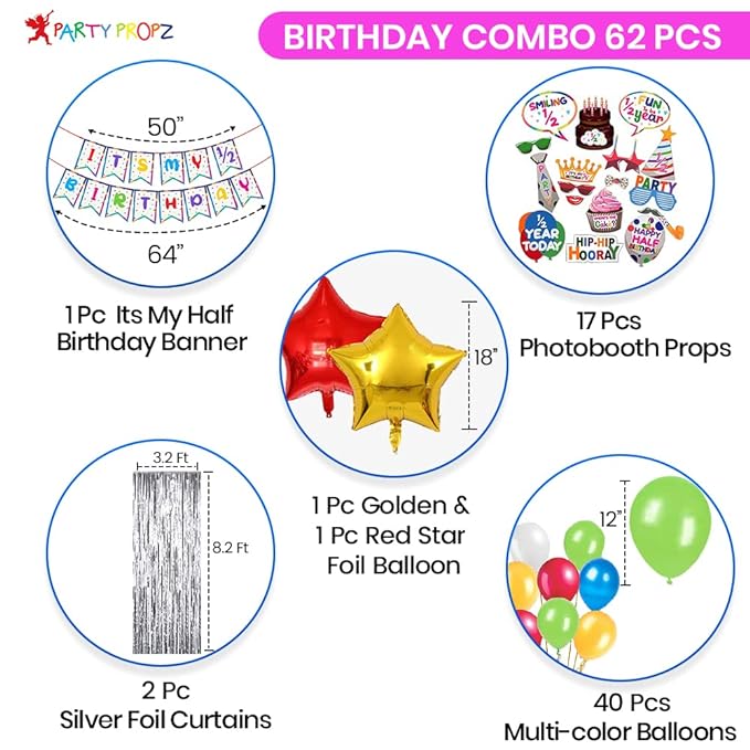 Party Propz Half Birthday Decoration Items, Huge 62Pcs Combo, For Half Year Birthday Decorations, For 6Th Month Birthday Decoration, Half Way To One, 1/2 Month Baby Birthday Decoration.