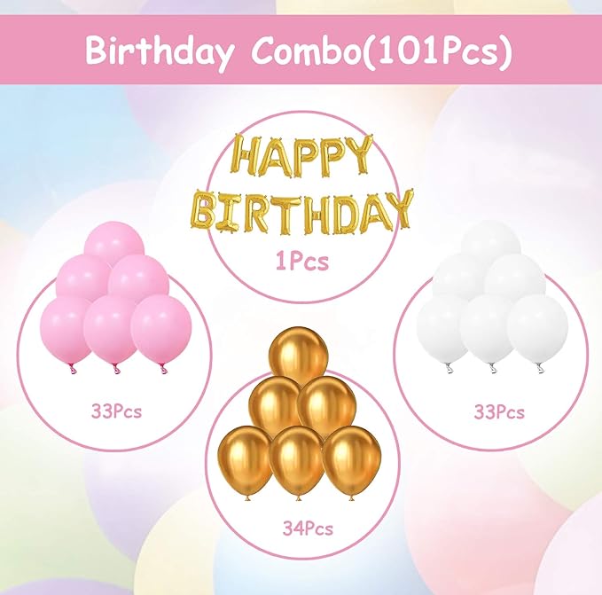 Party Propz Birthday Decoration Items For Girl-101 Pcs,Pink Birthday Decoration Items For Wife,Women|Happy Birthday Decorations For Girls,Wife|Pink,Gold,White Metallic Balloons For Decoration