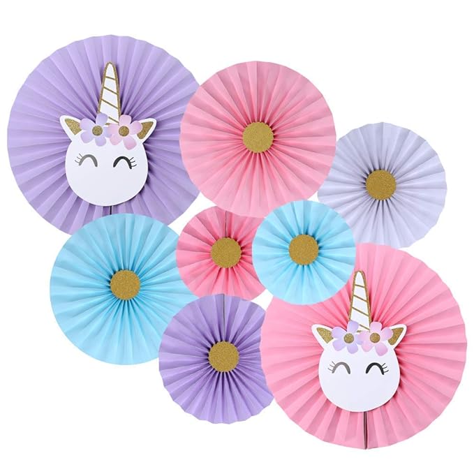 Party Propz Unicorn Party Hanging Paper Fans Decoration Set for Wedding Birthday Party Baby Showers Round Events Accessories Set of 8 (Multicolor)
