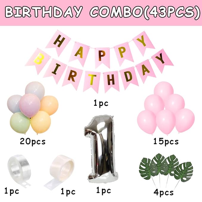 Party Propz 1st Birthday Decoration For Girls - First Birthday Decoration Items For Girl | One Year | Balloons For Decoration | One Decoration For Birthday | One Number For First Birthday Decorations