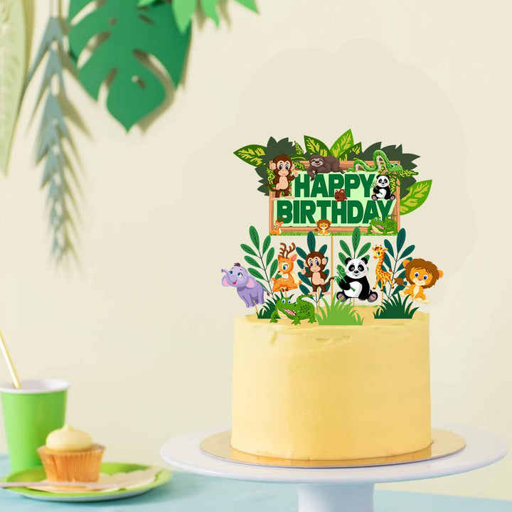 Party Propz Jungle Theme Cake Topper - 15 Pcs, Happy Birthday Cake Topper Jungle Theme | Animal Cake Toppers For Cake Decoration For Kids | Jungle Theme Cake Toppers For Cake Decoration | Cake Toppers