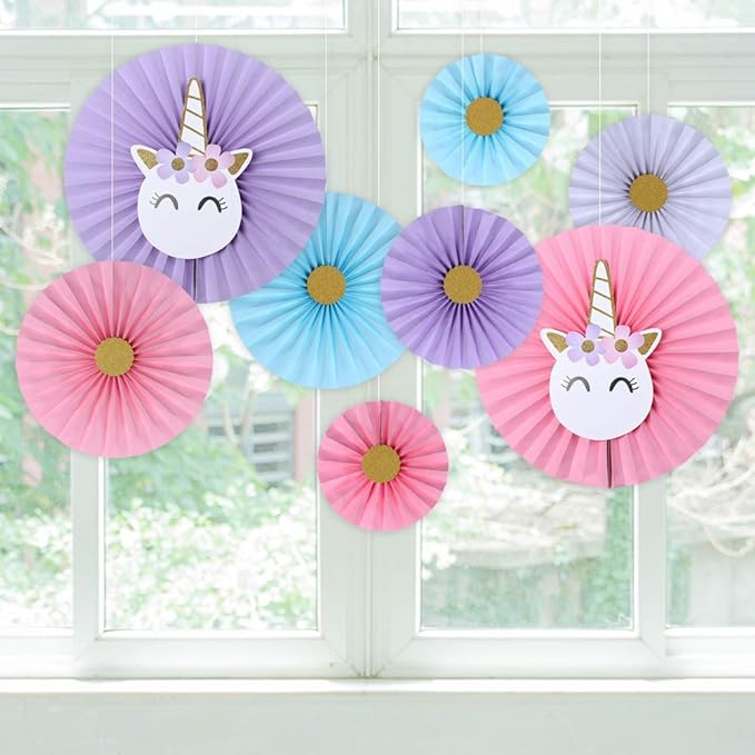 Party Propz Unicorn Party Hanging Paper Fans Decoration Set for Wedding Birthday Party Baby Showers Round Events Accessories Set of 8 (Multicolor)