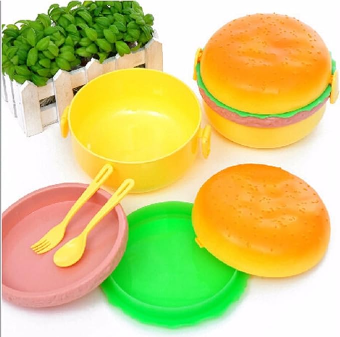 Party Propz Burger Tiffin Box For Sandwich, Snacks , 3Tier Kids Lunch Box For School Boys & Girls, Kids- Insulated (Polypropylene, Multicolor), 3 Liter