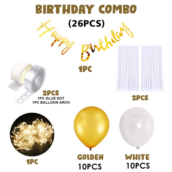 Party Propz Birthday Decoration Items - 26 Pcs, Happy Birthday Decoration Items for Husband Wife | Cabana Tent for Birthday Decorations Girls Boys | White Golden Balloons for Decoration With White Net