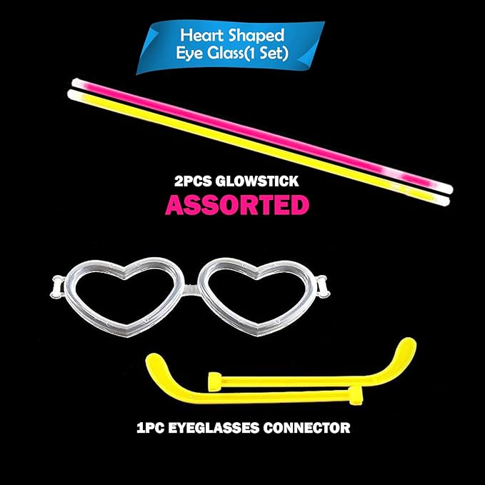 Party Propz Glow In The Dark Eyeglasses - 1 Set Heart Shape Glow Stick Eyeglasses | Glowing Stick | Neon Bands For Party | Fluorescent Band For Dj Party | Radium Stick | Neon Party Accessories