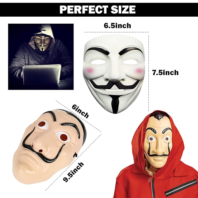 Party Propz Vendetta Mask and Dali Mask - 6Pcs Combo | Money Heist Mask | Full Face Mask for Men, Women, Kids | Hacker Mask for Boys | Cosplay Mask | Guy Fawkes Mask | Red Criminal Mask | Anonymous Mask