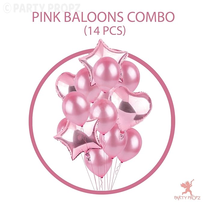 Party Propz 14Pcs Pink Birthday Star Foil Balloons Combo For Birthday Balloons For Decorations For Girls, 1st Birthday Balloons Decorations