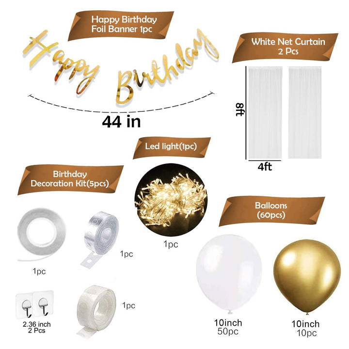 Party Propz White Birthday Decoration Items - Huge 69 Pcs White and Golden Balloon Decoration for Birthday | Birthday Decorations for Husband | Birthday Decoration Items for Boy | Gold Decorations
