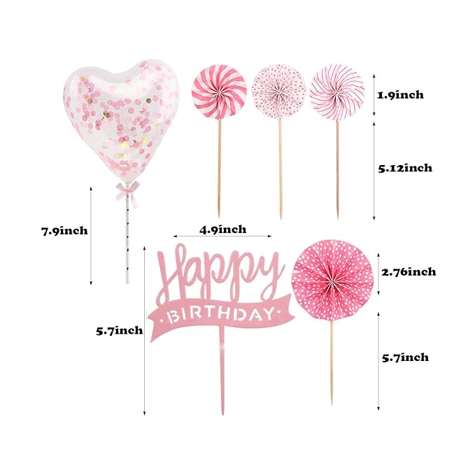Party Propz Happy Birthday Pink Cake Topper, Cupcake Topper with Pink Paper Fans,Confetti Balloon, Birthday Cake Decorations 6Pcs for Baby Girls-(Pink Color), Wife Girl Friend Birthday Cake Decoration