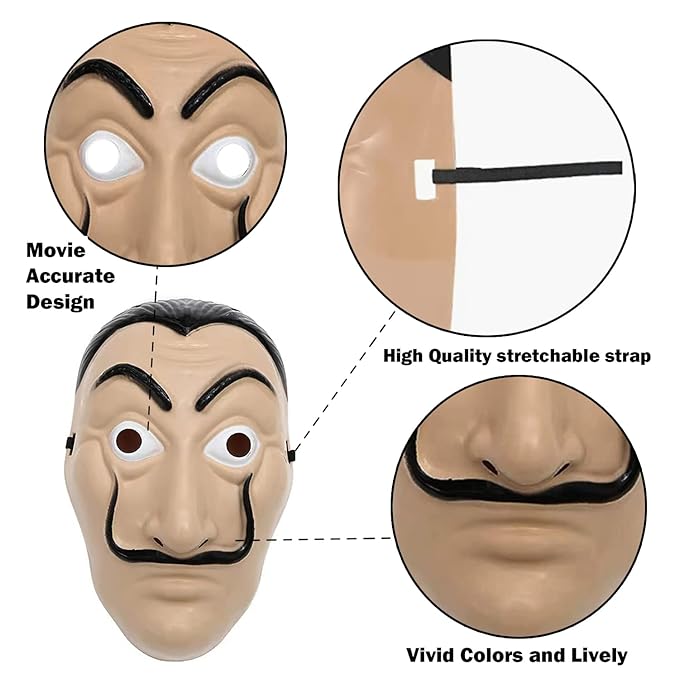 Party Propz Vendetta Mask and Dali Mask - 6Pcs Combo | Money Heist Mask | Full Face Mask for Men, Women, Kids | Hacker Mask for Boys | Cosplay Mask | Guy Fawkes Mask | Red Criminal Mask | Anonymous Mask