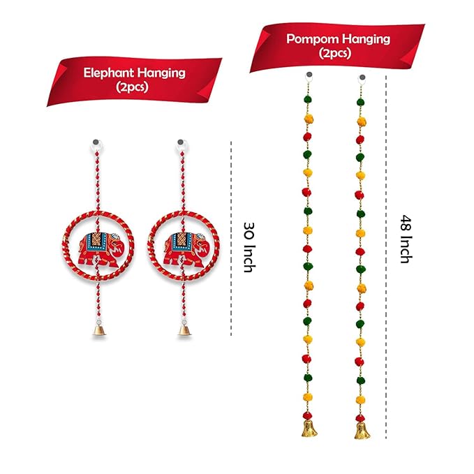 Party Propz Elephant Hangings for Home Decor - 4Pcs Pom Pom Hangings for Decoration | Handmade Wall Hanging Decor | Latkan for Home Decoration | Door Hangings | Rajasthani Traditional Hanging Decor