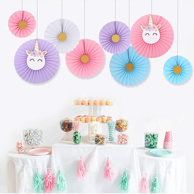 Party Propz Unicorn Party Hanging Paper Fans Decoration Set for Wedding Birthday Party Baby Showers Round Events Accessories Set of 8 (Multicolor)