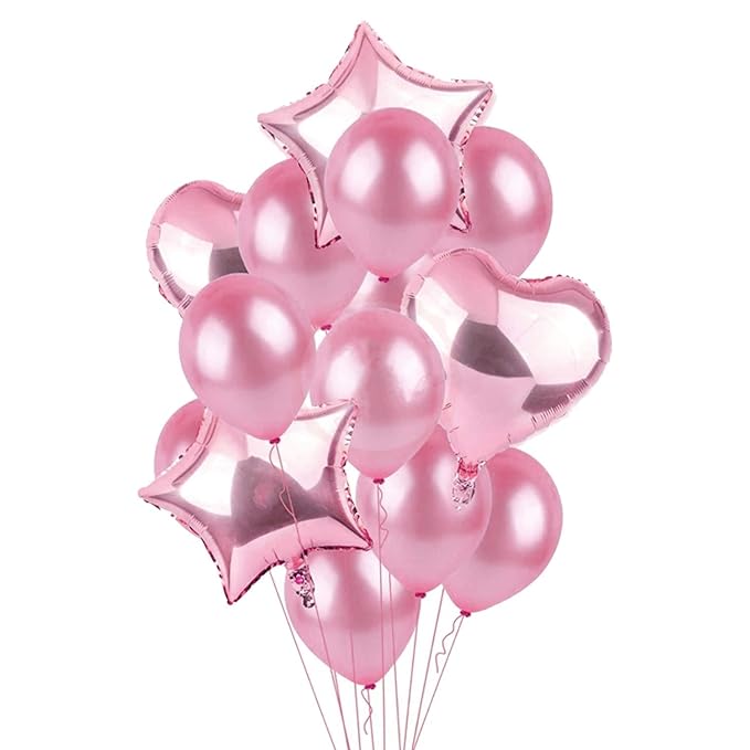 Party Propz 14Pcs Pink Birthday Star Foil Balloons Combo For Birthday Balloons For Decorations For Girls, 1st Birthday Balloons Decorations