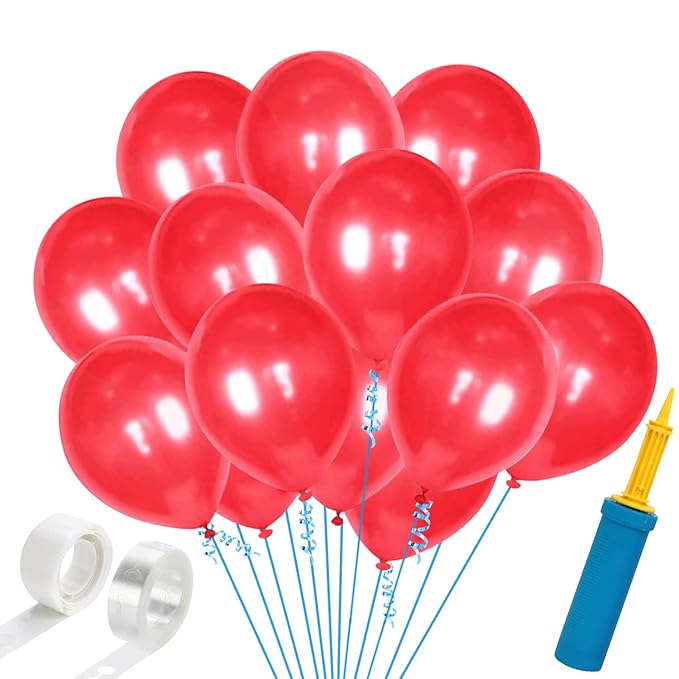 Party Propz Red Balloons For Birthday Decoration -103pcs, With Balloon Hand Pump | Metallic Red Balloons Packet | With Balloons Glue Dot And Balloon Strip Arch | For Kids, Husband