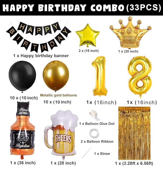 Party Propz 18Th Birthday Decorations For Girls&Boys - 33 Items Combo Set Golden & Black -Birthday Balloons For 18Th/ Happy Birthday Decoration Set For Girls&Boys / 18 Years