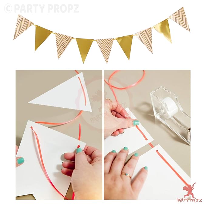 Party Propz 1pc Golden Paper Pennant Triangle Banner for Birthday, Marriage, Baby Shower Decoration.