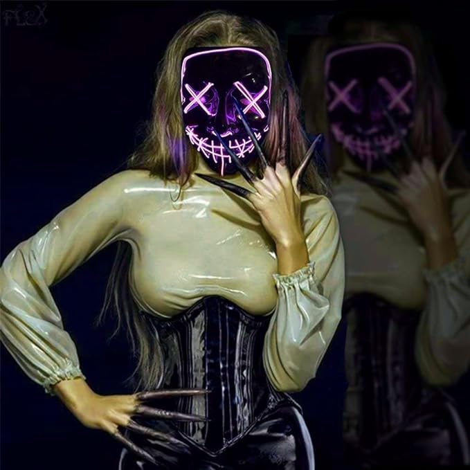 Party Propz Led Light up Ghost Mask - Joker Mask for Men | Radium Mask for Men | Call of Duty Ghost Mask | Neon Light Hacker Mask | Money Heist Full Face Mask | Red Criminal Mask | Masquerade Mask for Men (Pink)