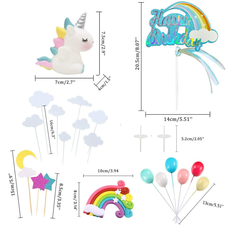 Party Propz Unicorn Cake Topper Kit Cloud Rainbow Balloon Happy Birthday Cake Decoration for Kid Birthday - Set of 20(Multicolored)