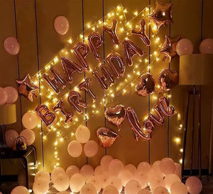 Party Propz Rose Gold Decorations Happy Birthday Foil Balloon with Love Foil Balloon Rose Gold Star Foil Balloon, Rose Gold Heart Shape Foil Balloon with LED Fairy Light & Pink White Metallic Balloon